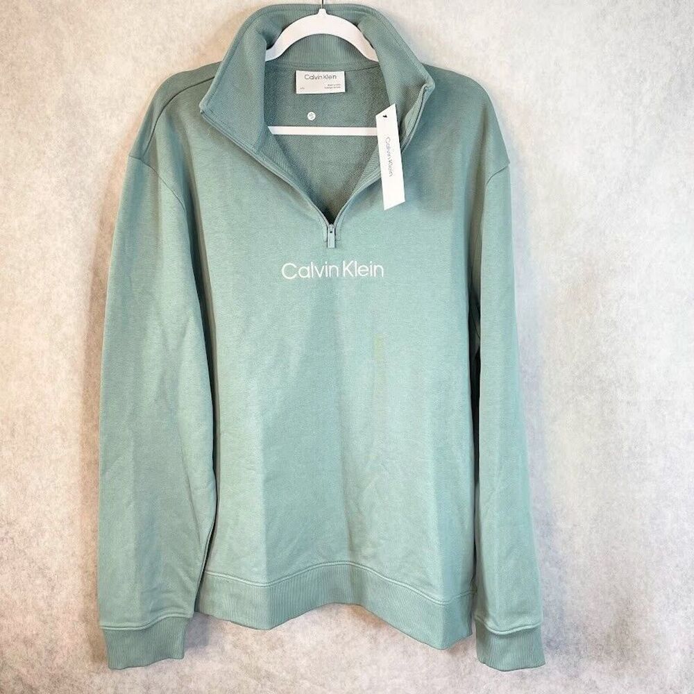 Calvin Klein Pullover Mens Large Green 1/4 Zip French Terry Sweatshirt $98 NEW!